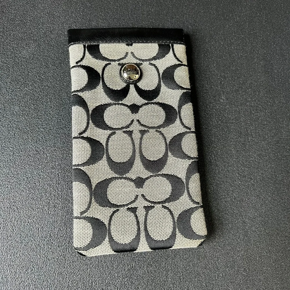 Vtg Coach Signature C Canvas Glasses Case Black Grey Leather Trim Logo Button